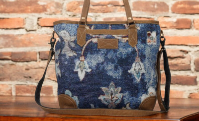 Myra Bag Boho Floral Woven Leather Trim Tote Bag