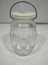 Vintage Candy Jar Barrel Shape Bale Handle Paul's Pure Candies 9.75" H