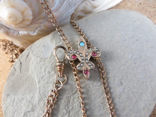 Victorian Gold Filled Fleur De Lis Jewels Slide Chain Pocket Watch Fob Clip #329 - Picture 10 of 19