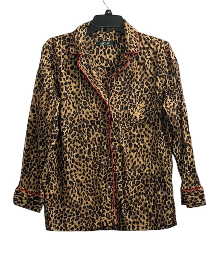 Ralph Lauren Pajama Shirt Top Medium Leopard Print Long Sleeve Button Red Detail