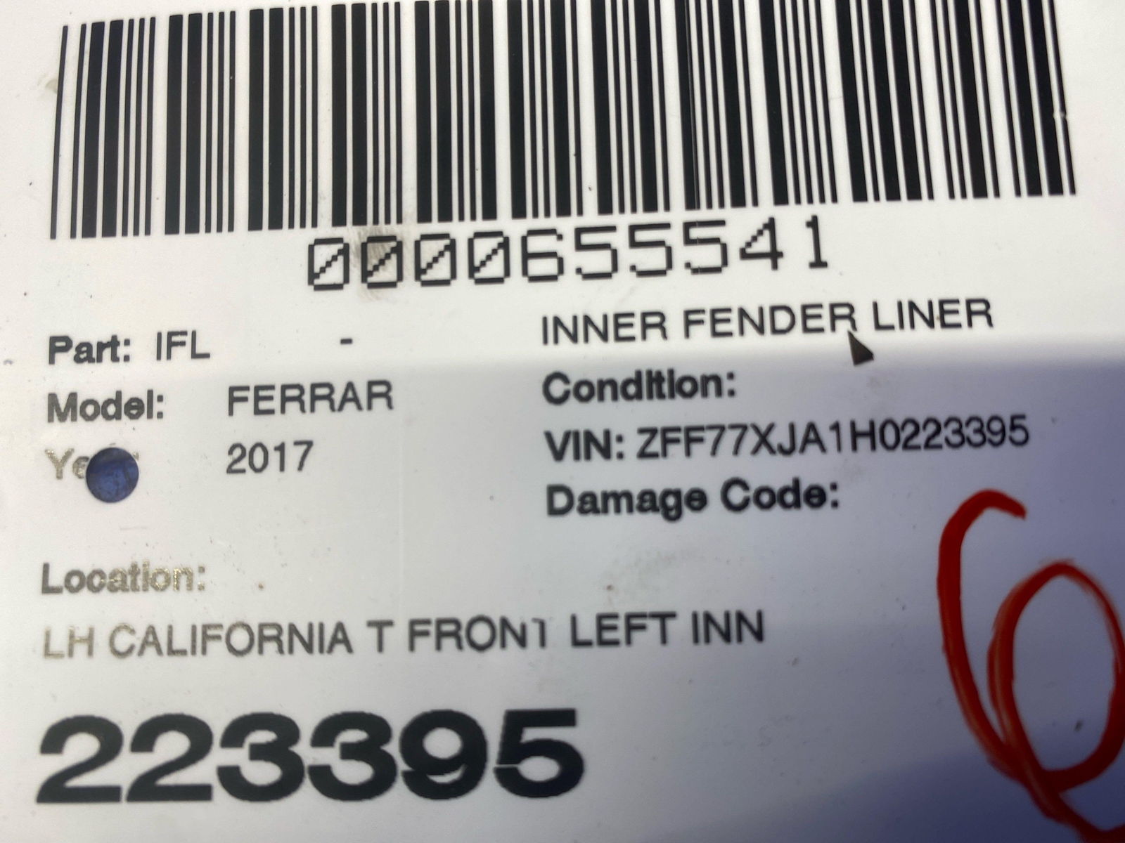 2015-2018 FERRARI CALIFORNIA T FRONT LEFT INNER FENDER LINER SPLASH SHIELD TRIM