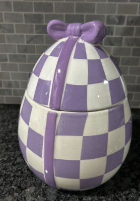 Connections Ceramic 6x10in purple checkerboard Egg Cookie Jar NEW Easter spring