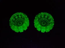 TWO Old Green Glass Open Salt Cellars - Glow under Black Light!