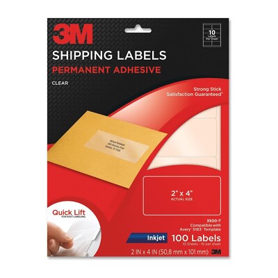 3M Clear Shipping Labels 2 x 4 Permanent Quick Lift Inkjet 100Pk 3500-T ...