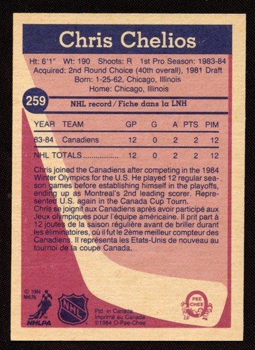 1984-85 OPC # 259 Chris Chelios novato - Imagen 2 de 2