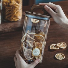 Clear Glass Storage Jars Pasta Rice Food Canisters Airtight Wooden Handle Cover