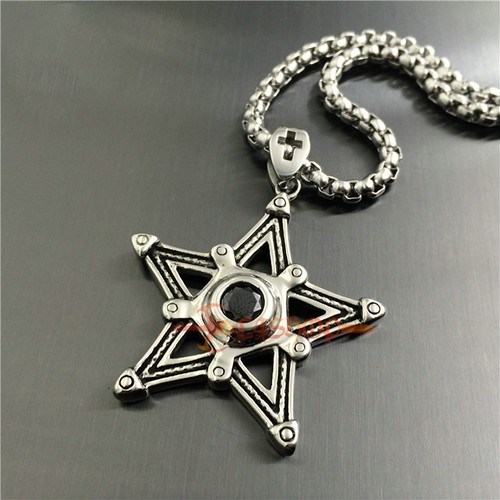 Men's Stainless Steel Wiccan Pentagram Black Onyx Stone Chain Necklace Pendant - Picture 13 of 17