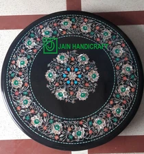 24" round black marble table top coffee center home decor inlay malachite