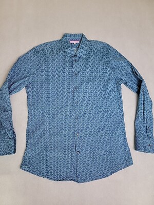 Cotton Doux Button Shirt Mens 42 16.5 Blue Green Geometric Micro Cotton Colorful