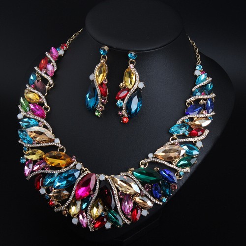 Crystal Jewelry Set Statement Necklace Earring Choker Bibs Women Bridal Wedding - Picture 173 of 174