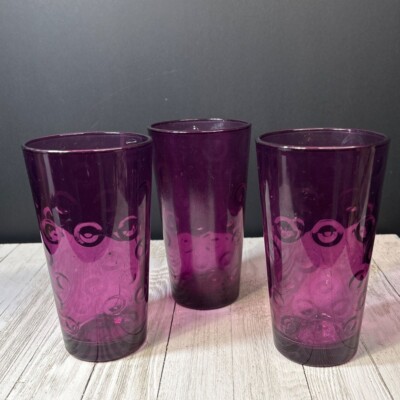Vintage Pasabache Amethyst Juice Glasses Tumblers Optic Dot Pattern - Set Of 3