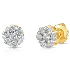 14K Solid Gold .50Ct Natural Round Diamond Cluster Flower Halo Stud Earrings
