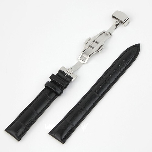 Correa de reloj de cuero genuino negro cierre de despliegue plateado hebilla de metal correa para hombre - Imagen 2 de 6