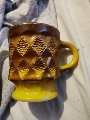 Vintage Fire King Anchor Hocking Kimberly Diamond Brown Yellow Coffee Mug Cup