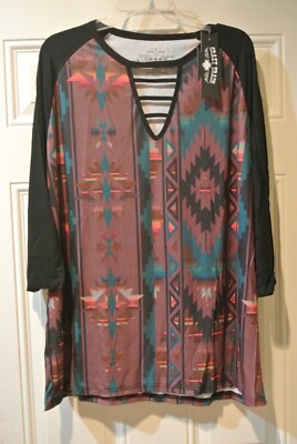 Women's Crazy Train Brown and Black Aztec 3/4 sleeve shirt