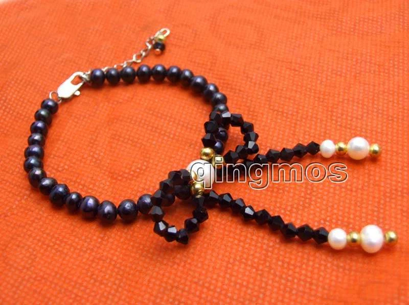 Brazalete colgante con moño de perlas negras de 5-6 mm para mujer brazalete de perlas concha de 7,5"" Foto 2 de 4