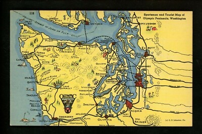 Map Greetings postcard Washington WA Sportsman & Tourist Map of Peninsula linen