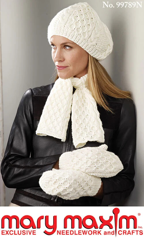 Mary Maxim KNITTING Pattern Leaflet 99789n Women's ARAN SET Scarf Hat