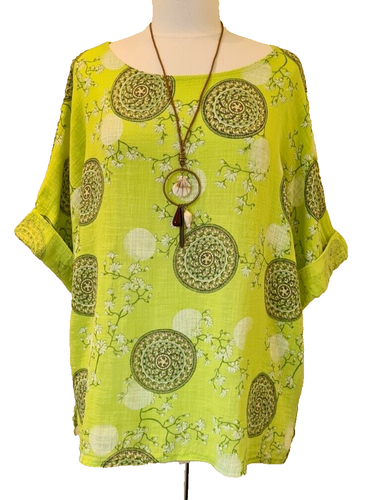Italian Lagenlook Top Lime green floral cotton Tunic necklace One Size UK 12-18