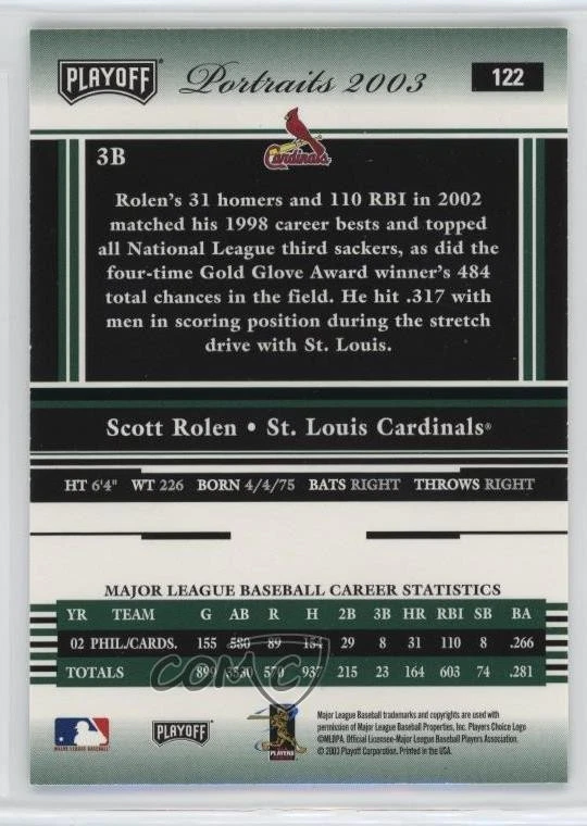 2003 Playoff Portraits All-Star Fanfest Green Scott Rolen #122 HOF - Image 2 of 2