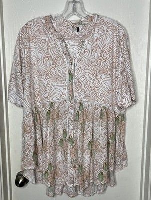 Anthropologie Akemi + Kin Veria Floral Dustry Pink Short Sleeve Blouse Top Large