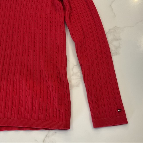 Tommy Hilfiger leichter Damenpullover rot V-Ausschnitt Zopfmuster tailliert neu mit Etikett - Bild 3 von 5