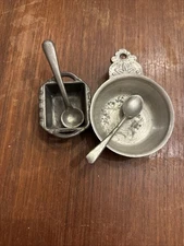 Vintage Open Salt Cellar Two Sets With Tiny Spoons Woodbury Pewter And Unbranded