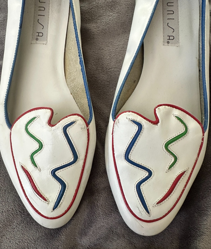 Vintage UNISA Womens Flats 7.5 US White Colorful Detail Retro 80s New Wave Prep - Picture 8 of 15