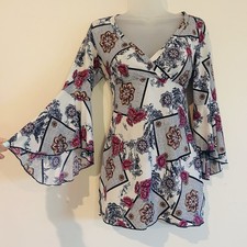 Vtg Y2K Made in USA Babydoll Floral Blouse Sz M Bell Sleeves Geometric Hippie