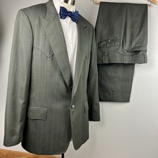 VTG 70s Custom Tailored 42L green gray stripe western suit peak lapel 36 x 32
