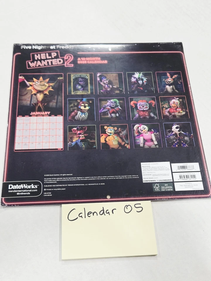 Calendario de pared Five Nights at Freddy's Help Wanted 2 2025 nuevo sellado 16 meses Foto 4 de 4