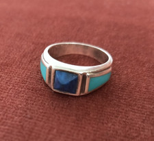 Lapis and Turquoise Sterling Silver Ring-Size 8, Thailand-nice quality 