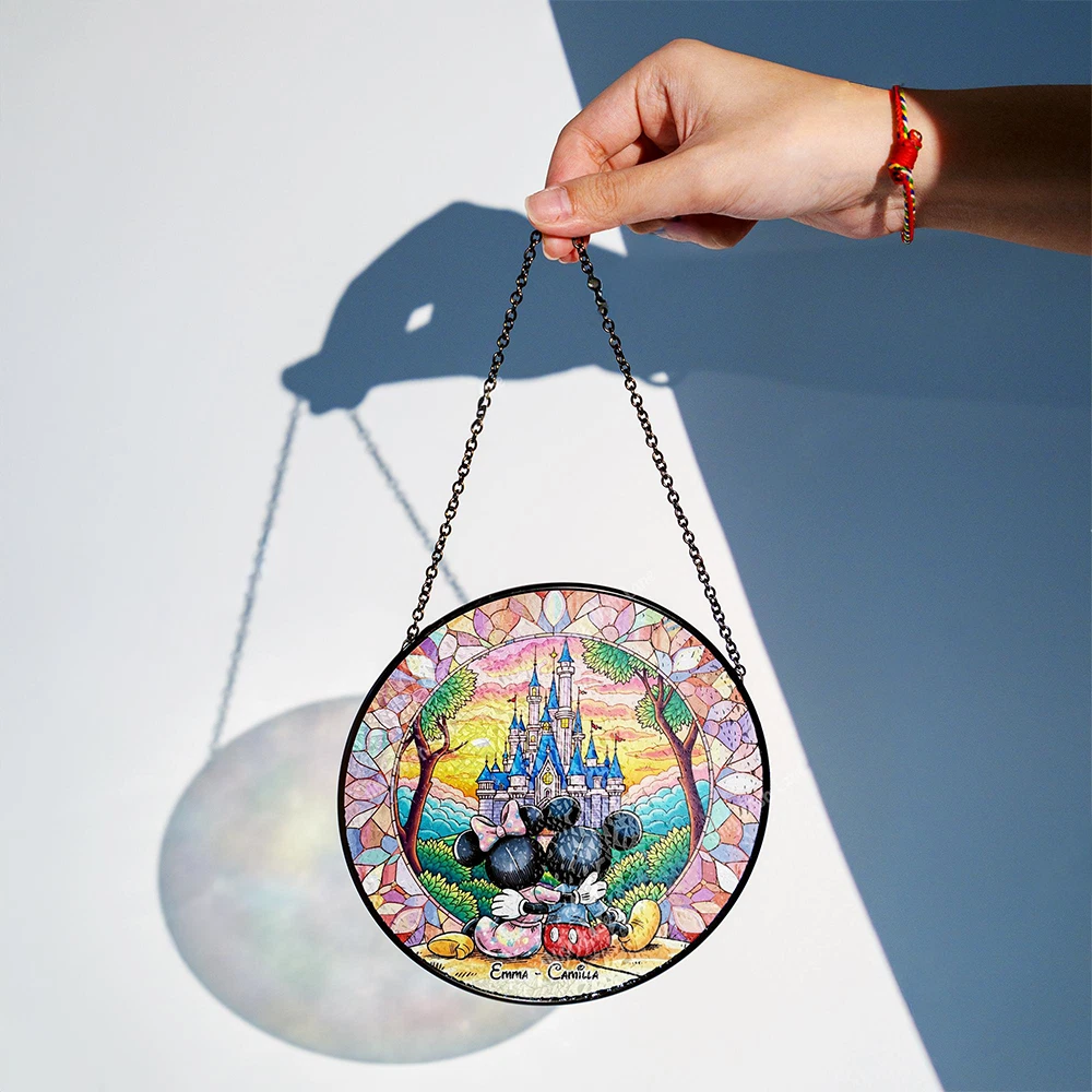 Personalized Mickey Mouse Stained Glass Suncatcher, Custom Couple Name Disney