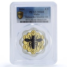 Malta 5 euro Maltese Bee Nature Wildlife Fauna Gilt MS 68 PCGS silver coin 2024