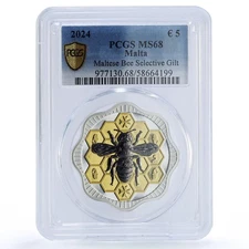 Malta 5 euro Maltese Bee Nature Wildlife Fauna Gilt MS 68 PCGS silver coin 2024