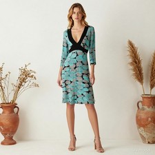 Evening Retro Knee Length Dress Multi Floral Jersey Shift V-Neck Tie Waist US 8