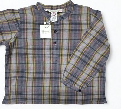 Bonpoint Baby Boy Shirt 12-18 Months Cotton Gray Check & Stripe Pattern