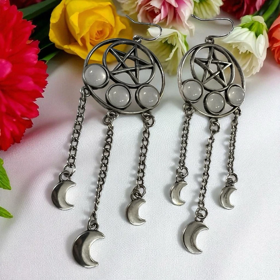 Pendientes Spencers Wicca Pentagrama, Luna Media Luna 3.5" Colgantes Piedras Lunares Foto 4 de 4