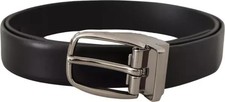 DOLCE & GABBANA Belt Black Leather Silver Metal Chrome Logo Buckle 80cm / 32in