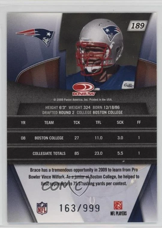 2009 Donruss Gridiron Gear Rookie /999 Ron Brace #189 Rookie RC - Image 2 of 2