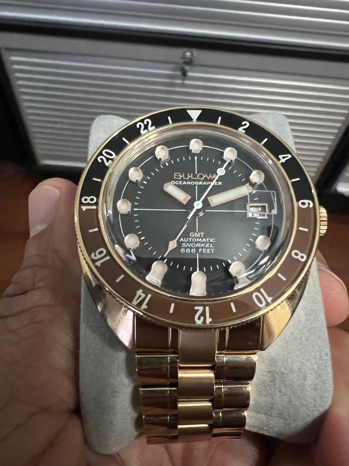 Bulova Oceanographer Devil Diver GMT Automatic Rose Gold Steel Mens Watch 97B215