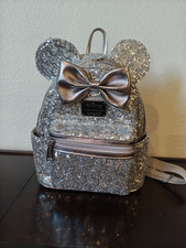 Loungefly Disney Minnie Mouse Silver Sequin Ears Bow Mini Backpack