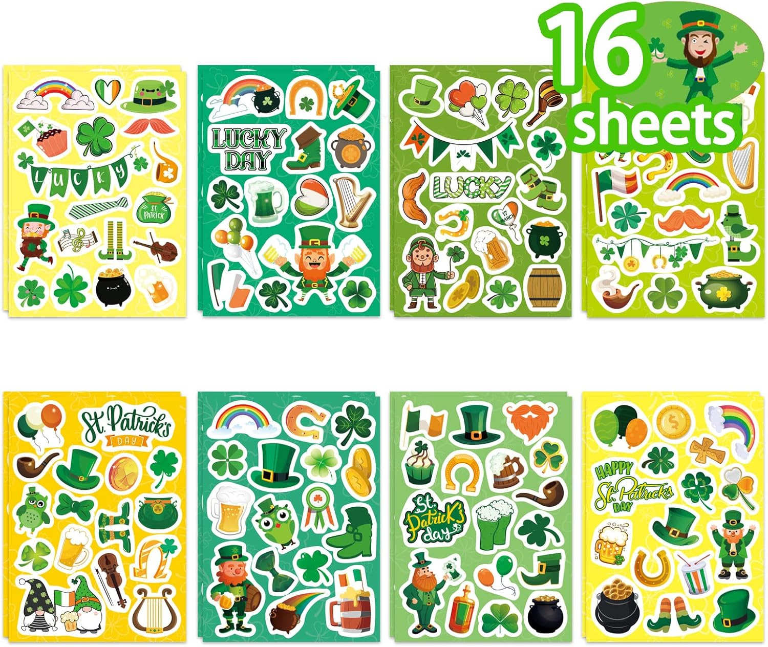 16 Sheets St. Patrick’S Day Theme Stickers for Kids-Lucky Shamrock Clover Hat Ir