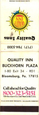 Quality Inn Buckhorn Plaza Bloomsburg PA Vintage Matchbook Cover 1970s-80s