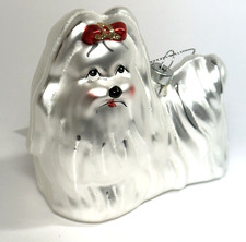 White Maltese Dog Glass Christmas Ornament with Glitter Accents 4inx4.5in