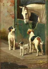 LMOP024L 100% hand painted three dogs&horse in stable oil painting on canvas art