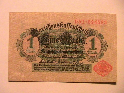 1914 Germany 1 Mark Pair Red & Green Ink Ch AU WWI Paper Money Banknote Currency - Picture 3 of 7