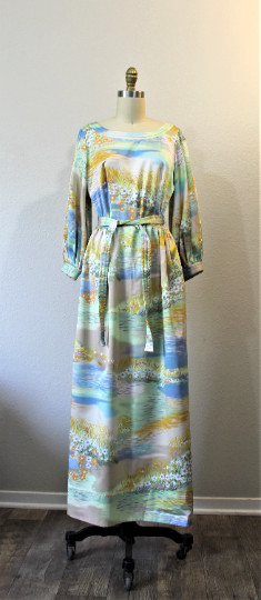 Vintage 60s Julie Miller California Monet landscape Floral Art print Maxi Dress View 4