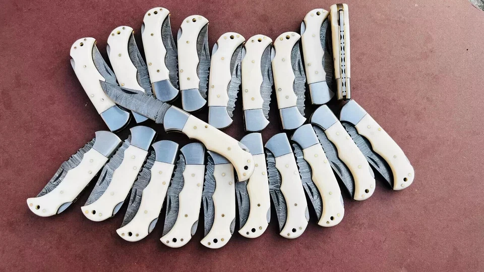 LOTE de 20 cuchillos plegables de caza de acero Damasco, cuchillos de bolsillo con funda (MM) Foto 2 de 4