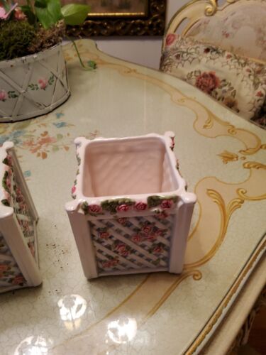 LBK Flower Pot Planter Vtg Home Garden Decor Plants Ceramic Pink White Pair Set - Picture 8 of 11